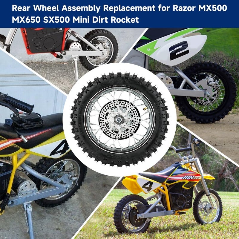 FVRITO Rear Wheel Assembly Replacement for Razor MX500 MX650 SX500 Mini Dirt Rocket Bike 2.50-10 2.50x10 Tire Tube Rim Chain Sprocket Axle Brake Rotor Parts - Image 2